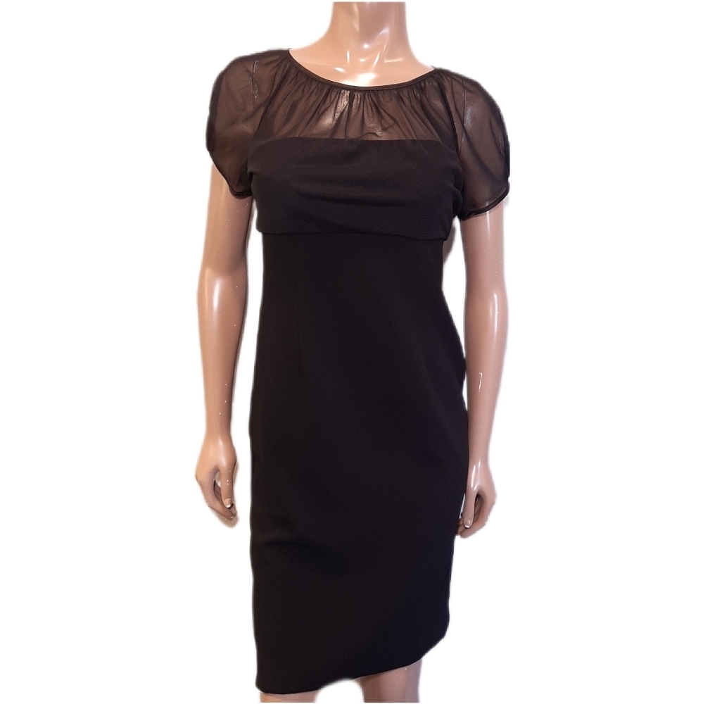 London Times Mesh Illusion Dress Short Sleeve Pencil Formal Wedding Sheer